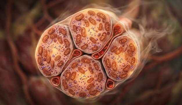 Extreme muscle cross-section with mitochondria, capillaries, glycogen, and buffering ions showing endurance adaptation and fatigue resistance.