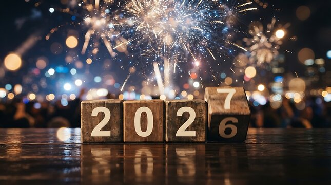 Wooden blocks showing the year transition from twenty twenty six to twenty twenty seven with fireworks with against background fireworks