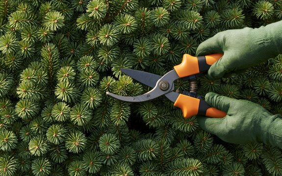 Green-gloved hands hold pruning shears above pine needles