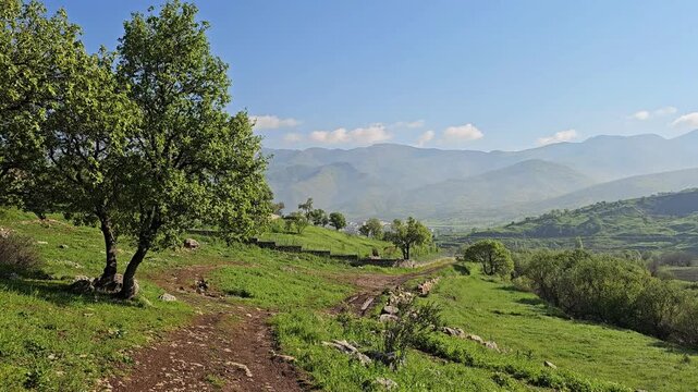 Dirt trail winds along a lush green hillside dotted with trees, overlooking a flowing river through rolling hills toward distant mountains with patches of snow and clouds.
📍Ghol, Sarvabad, Kurdistan 