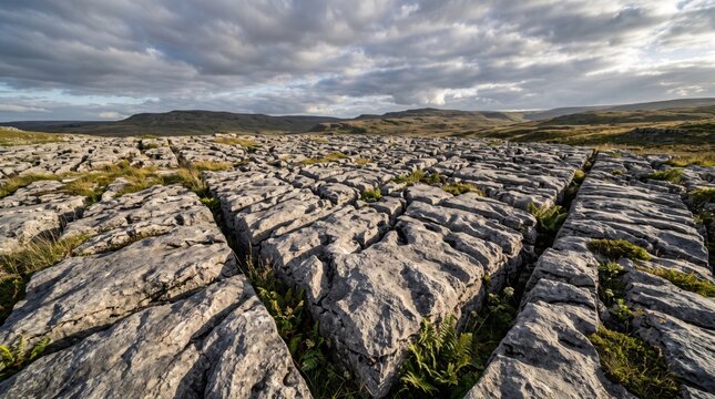 Natural limestone pavement with deep fissures and grassy vegetation under a cloudy sky in a rural landscape