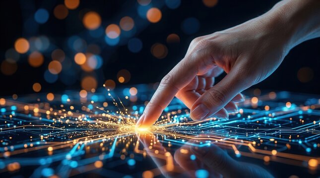Glowing digital interface with blue and orange lights touched by a human hand.