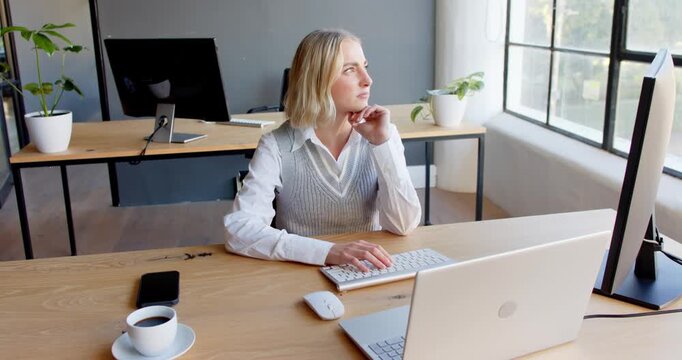 Lifestyle videos indoor of people doing activities at office, woman working at desk with computer in