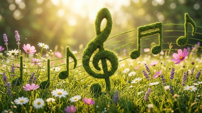 A sunny meadow where a green treble clef and musical notes are crafted from grass and blooming flowers.