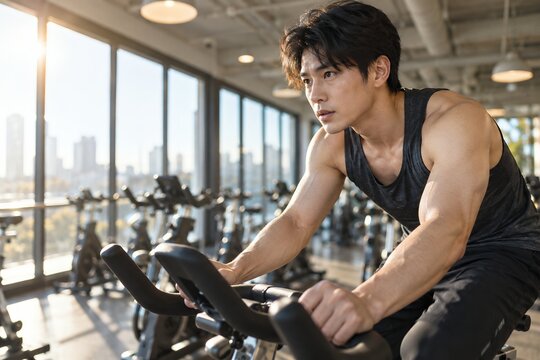 大きな窓のあるジムで汗を浮かべ前方を見つめエアロバイクをこぐ若い男性