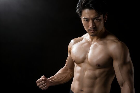 黒い背景を前に裸の上半身で片手を握りしめ力強い眼差しを向ける筋肉質の男性