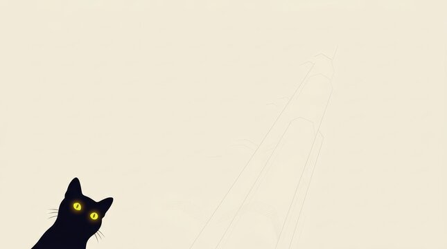 Black cat silhouette peeking from corner on beige.