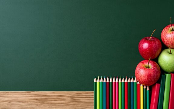 Green chalkboard with wooden desk below