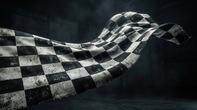 Abstract racing background featuring a dynamically waving grungy checkered flag with distressed texture.