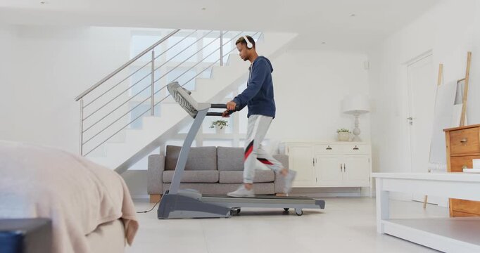 Lifestyle videos indoor of people doing activities at home, exercising on treadmill, man listening t