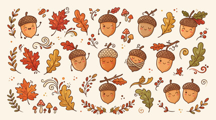 Obraz premium Cute Acorn Characters and Autumn Leaves - Hand-drawn Vector Illustration