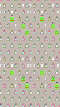 Seamless pattern of colorful bags and sprout icons