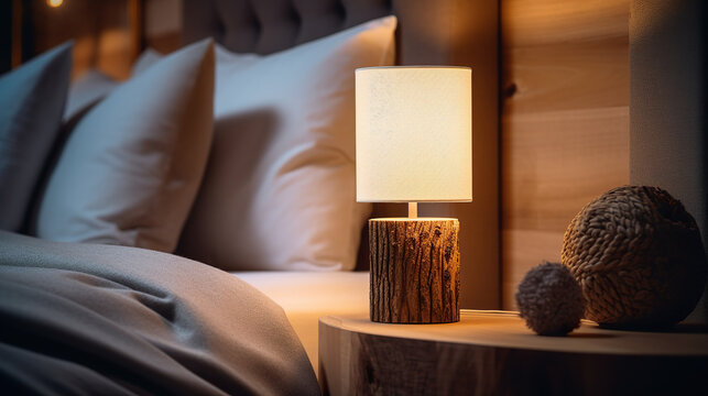 cozy bedside table with lamp and yarn balls near bed