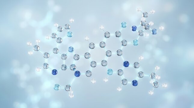 Complex blue molecular structure model with glowing glass spheres representing chemical atoms on a soft light blue background