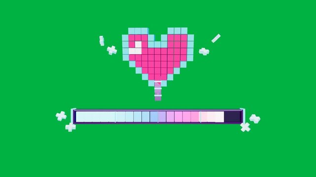 4K 3D voxel pixel art heart pulsing energy into a futuristic gaming capsule progress bar with a full level up burst payoff in a seamless 8-second loop on a chroma key green screen background.