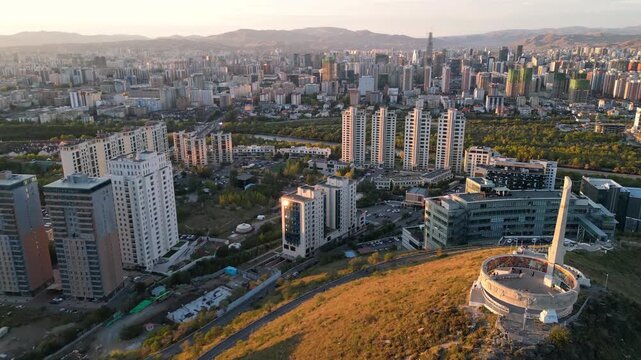 Ulaanbaatar City Skyline Aerial View at Sunset, Mongolia