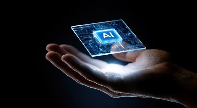 A glowing hand holds a translucent microchip with "AI" text on a dark background. This symbolizes artificial intelligence, machine learning, and future technology concepts.