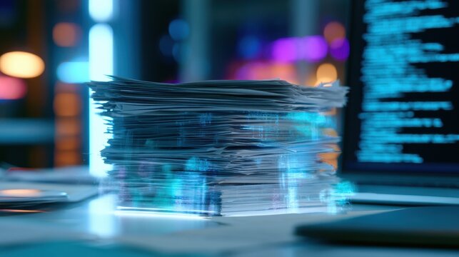 A stack of paper documents overlaid with glowing blue digital data in a futuristic office. Symbolizes paperless workflow, data management, and digital transformation.