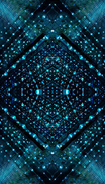 immersive space glowing geometric shapes, lights, and mirrors, geometric shapes floating nearby, abstract cosmic backdrop