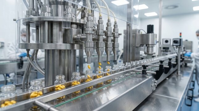 Automated industrial bottling machine filling glass jars on a conveyor belt in a modern food production factory