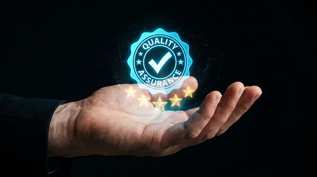A hand holding a glowing badge of quality assurance with stars, symbolizing excellence and customer satisfaction.