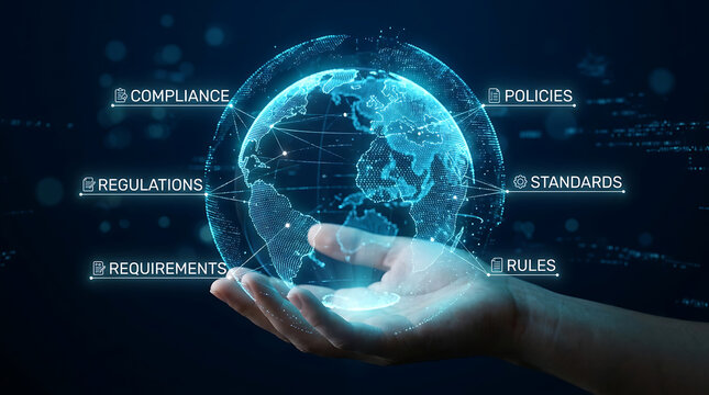 Global compliance and regulations concept with hand holding digital earth, business policies