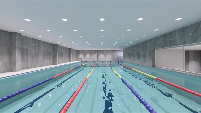 Modern indoor swimming pool with clear water and lane ropes, 3D rendering