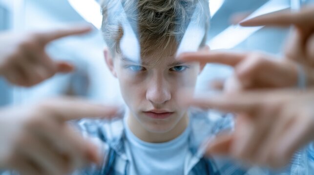 A young boy intently focused, surrounded by framing hands. His gaze is direct and serious, conveying a sense of determination or concentration. The abstract framing suggests a challenge, a task.