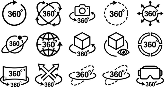 Set of 360 degree view icons, panoramic and virtual reality symbols