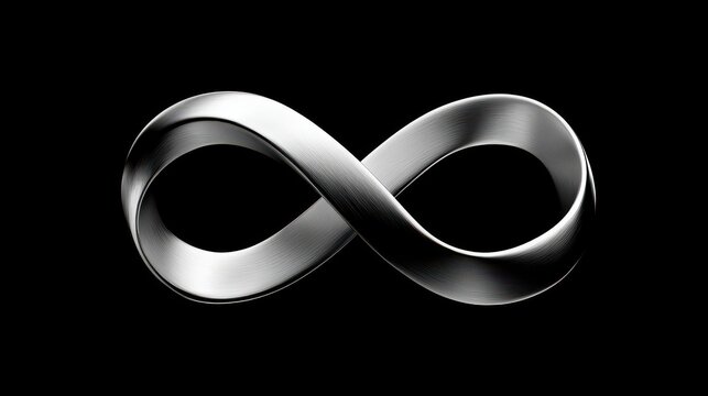 A sleek, brushed metal infinity symbol with metallic sheen, isolated on black background. Represents eternity, perpetual motion, and endless possibilities in abstract concepts.