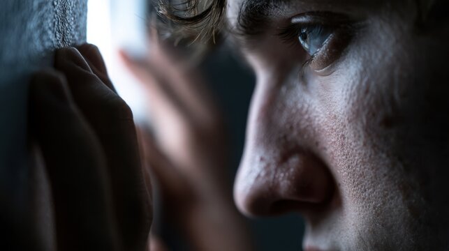 A young man peeking around a corner, with a look of intrigue and curiosity on his face