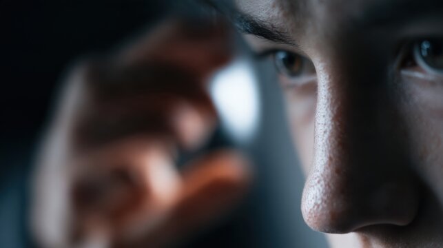 A close-up, dramatic shot of a young person's focused eye and brow, with a blurred hand in the foreground, hinting at concentration or a thoughtful moment