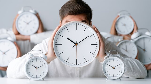 A man holds a clock in front of his face, surrounded by other clocks. This image conveys a sense of being overwhelmed by time or the pressure of deadlines