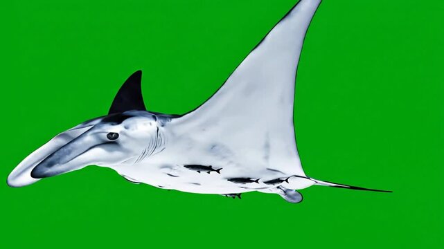 Manta ray swimming isolated on green screen, realistic marine life 3 d animation for compositing ocean