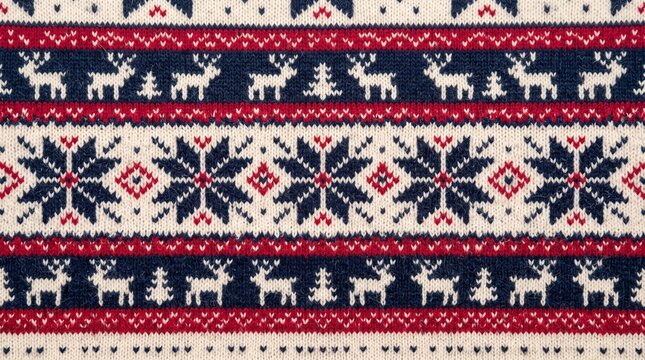 Knitted fabric texture with traditional Nordic Christmas pattern, winter seasonal textile background