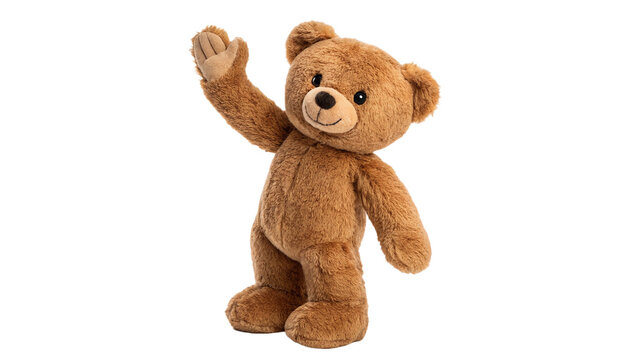 Classic brown fluffy teddy bear plush toy waving isolated on transparent background