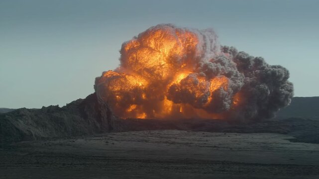Large fireball rapidly expands behind a jagged rocky ridge across barren terrain, sending dense dark smoke upward as bright orange flames spread beneath a pale blue sky