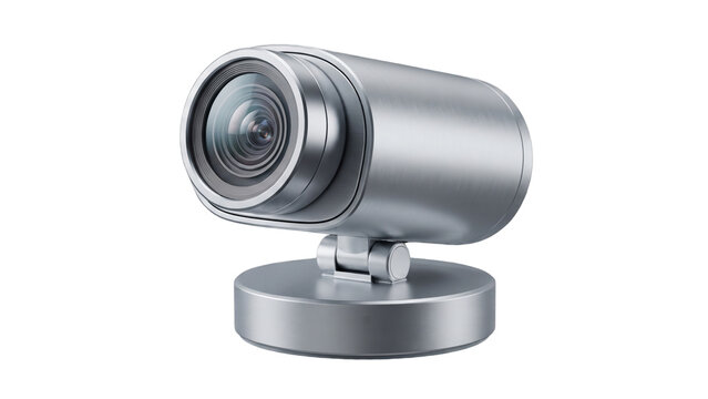 Modern Silver Webcam with Lens on Circular Stand Isolated on Black Background