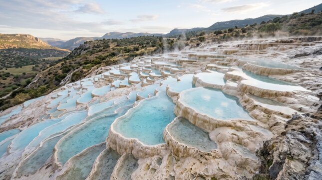 Cascading travertine terraces with turquoise thermal pools in a natural landscape