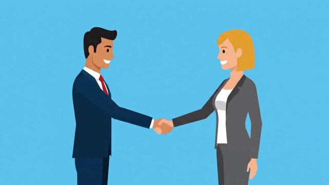 2D animation of a businessman walking and shaking hands with a businesswoman to finalize a partnership deal against a blue background