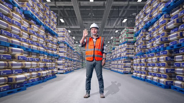 Full Body Of Asian Male Engineer With Safety Helmet Smiling To Camera And Waving Hand Saying Bye While Standing at Warehouse Stacked Cement Bags Pallets