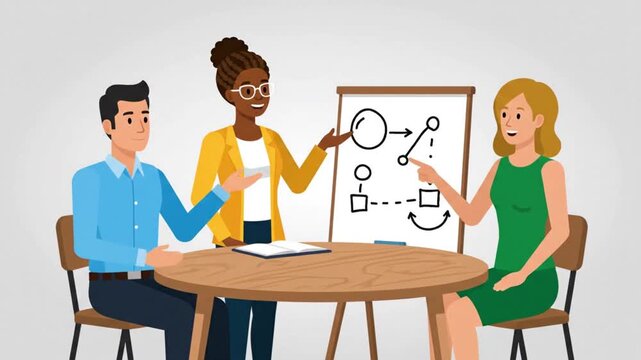 Diverse business team having a brainstorming discussion around a round table with a process flowchart whiteboard in the background