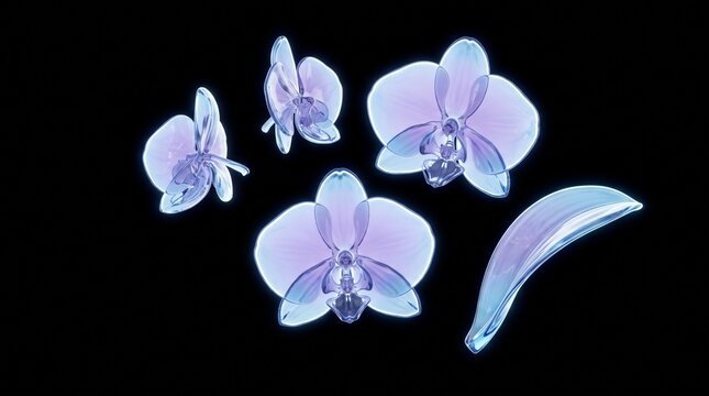 Glowing Crystal Glass Orchid Flowers and Petal on Dark Background