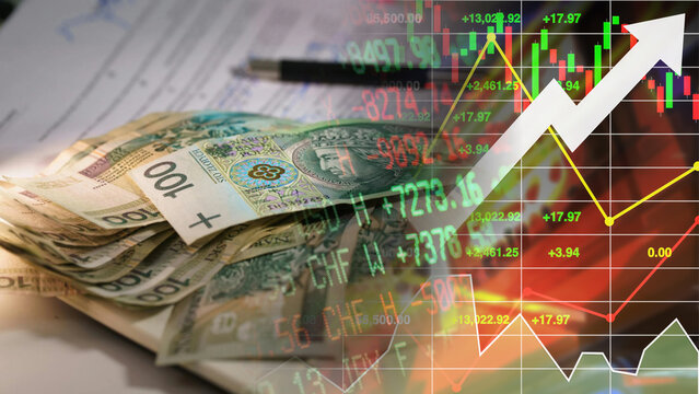 Growth of the Polish currency market. The impact of foreign exchange fluctuations on the Polish economy. Physical Polish zloty banknotes, business documents, and concepts of national trade