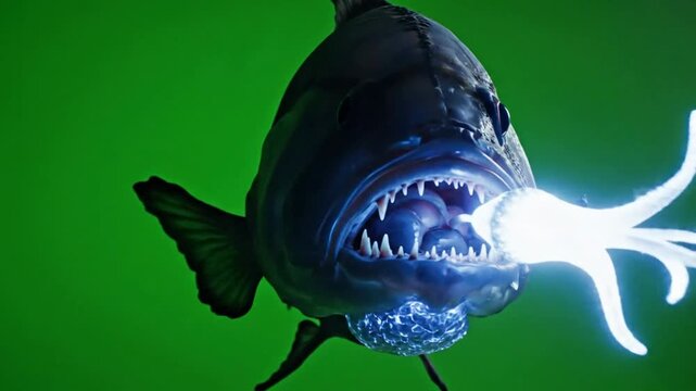 Deep sea predator hunting bioluminescent prey in dark ocean waters, cinematic underwater wildlife animation