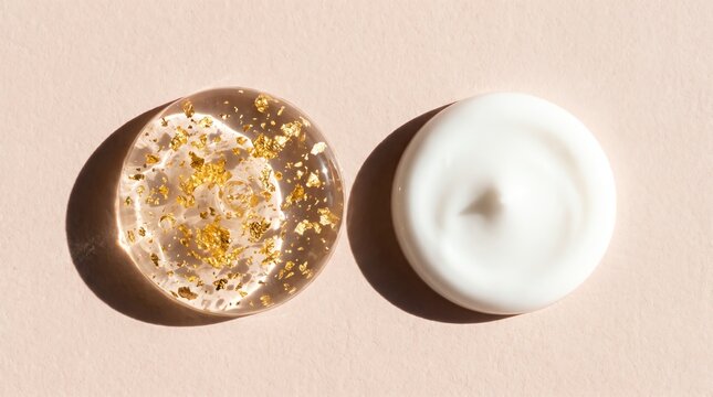 Luxurious beauty skincare products presented on blush pink background with golden flake gel and smooth white cream texture samples