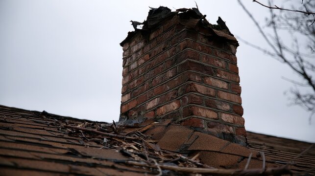 A damaged brick chimney stands on a dilapidated shingle roof under a grey sky. This image represents home repair, property neglect, or storm damage.