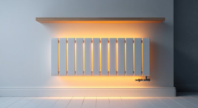 A wall mounted radiator warms a modern room beneath a wooden shelf. Its slim white panels and exposed pipe define a clean modern feature. Home heating and contemporary interior design.