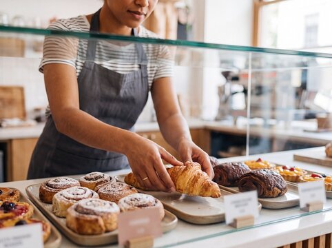 Female baker arranging fresh croissants in a bakery display case