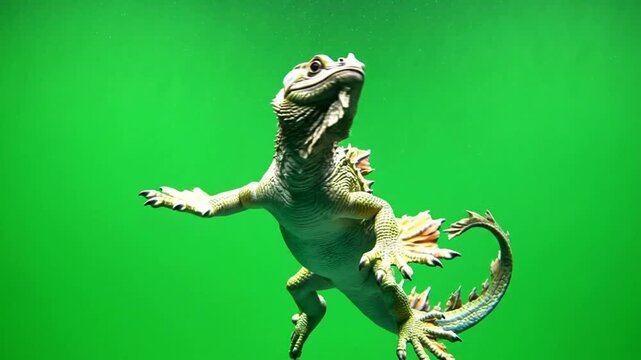 Fantasy dragon creature swimming underwater, mythical sea monster isolated on green screen, 3 d animation style